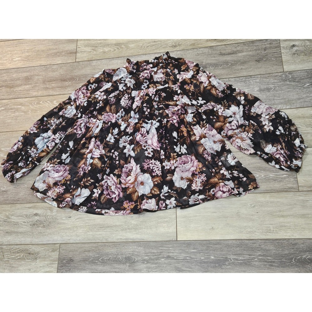o.p.t Floral Tiered Babydoll Blouse Black Mauve Ruffle Neck Long Sleeve Medium